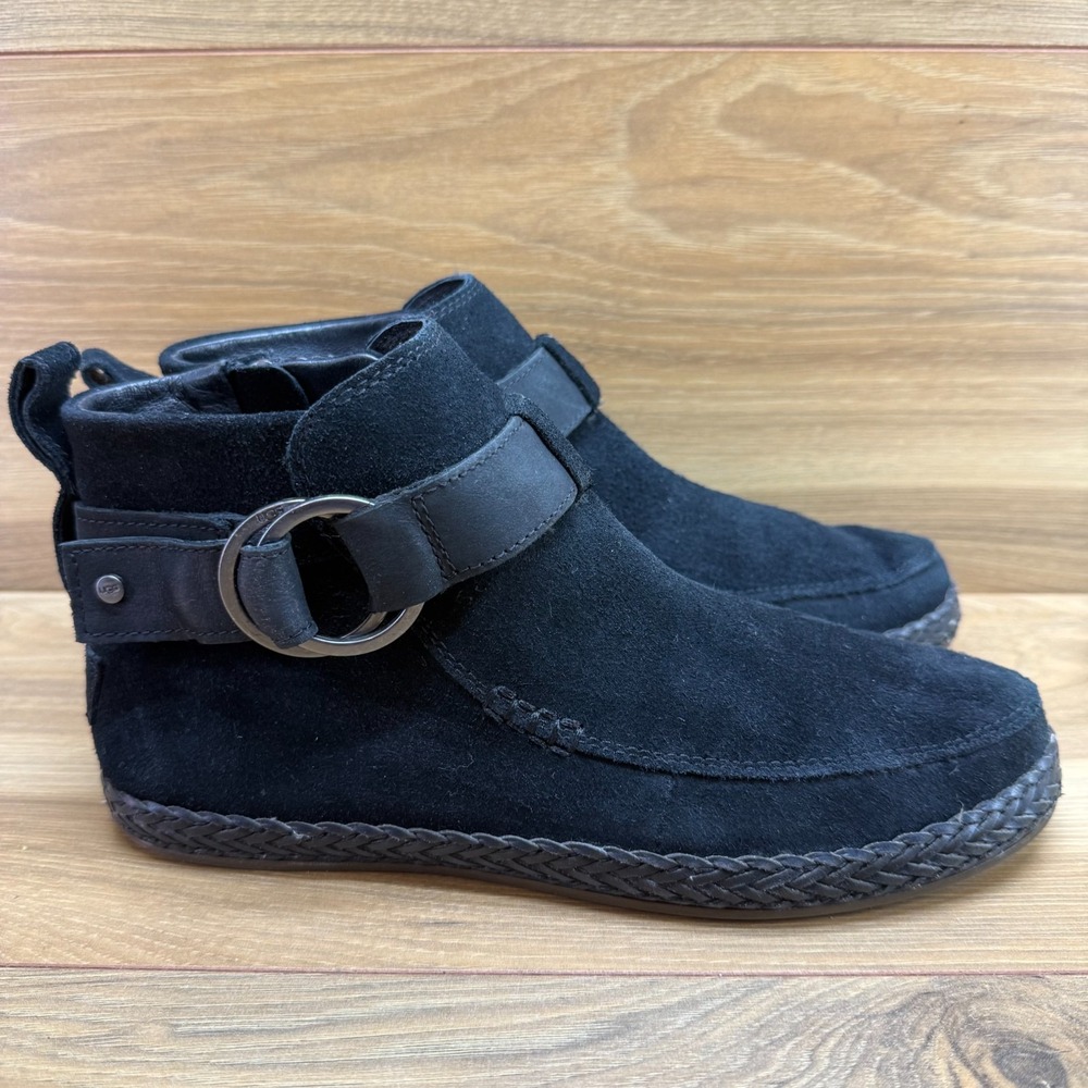 UGG Sloane Double Ring Ankle Boots Womens 7.5 Black Suede Braided Zipper